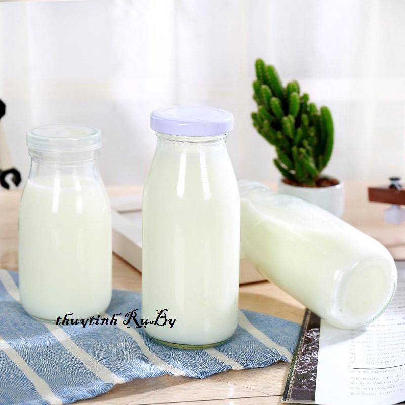 Chai thủy tinh đựng sữa 200ml nắp thiếc, Bình nước thủy tinh