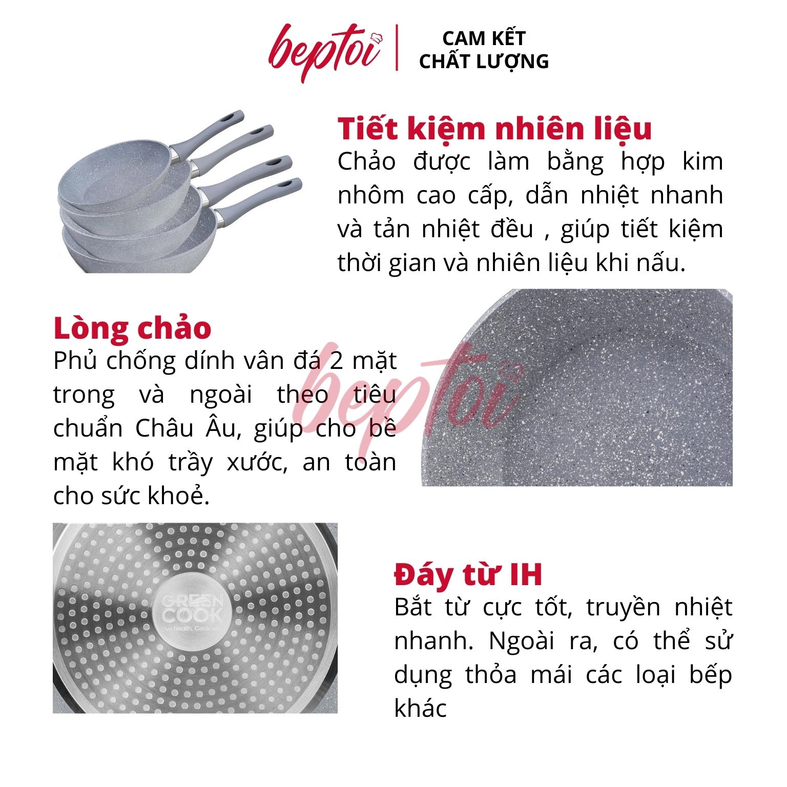 Chảo chống dính đáy từ vân đá Green cook, chảo chống dính bếp từ Green Cook GCP02