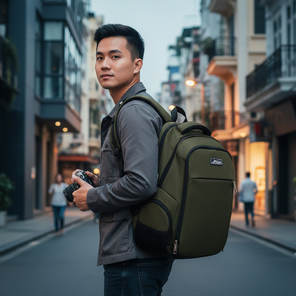 Balo du lịch chống nước cao cấp Xbags Travel – Balo phượt cỡ lớn, nhiều ngăn tiện lợi, bền đẹp xanh rêu thời trang XB1001