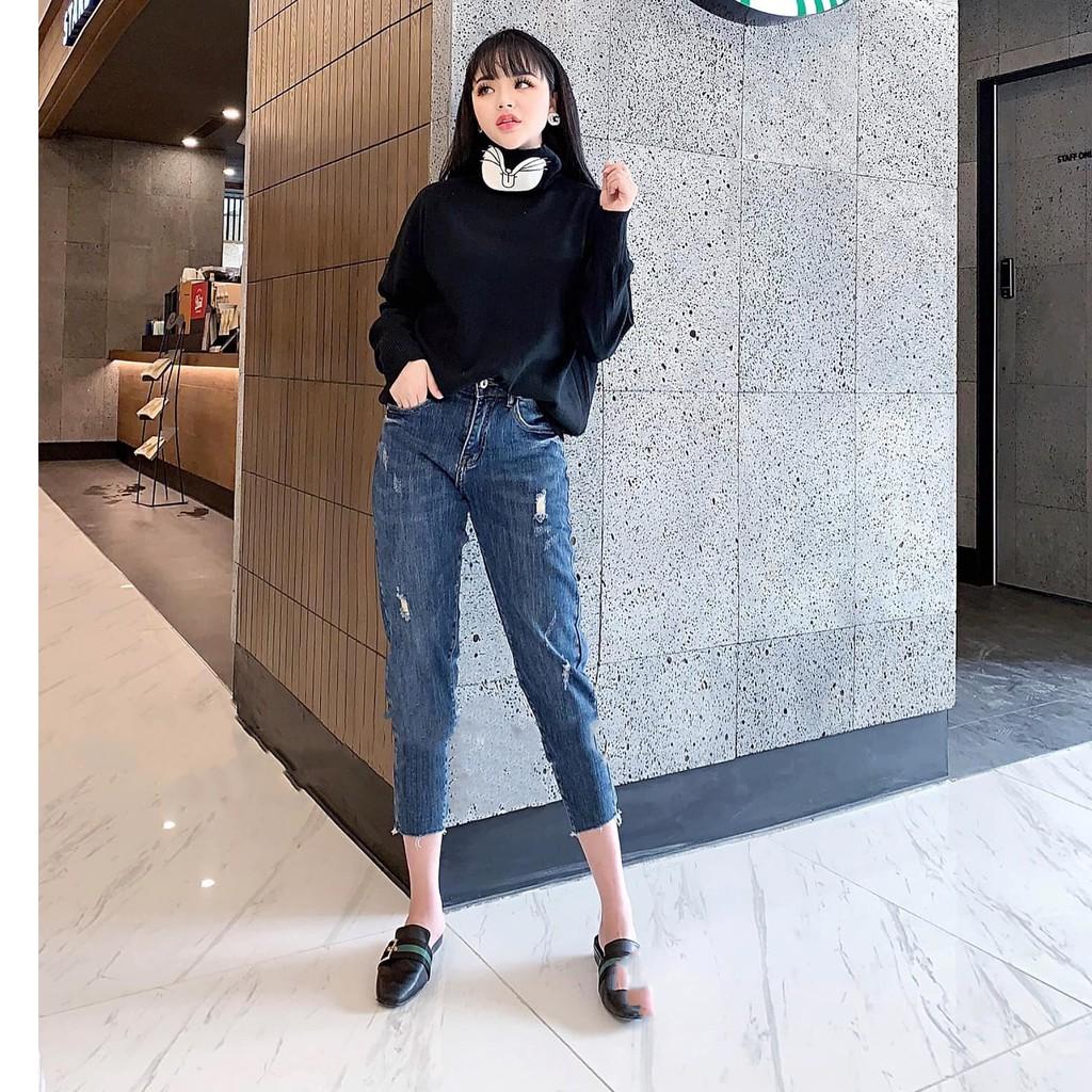 Quần jean nữ BIGSIZE skinny 9 tấc lưng cao co dãn mạnh màu xanh đậm rách nhẹ 2552