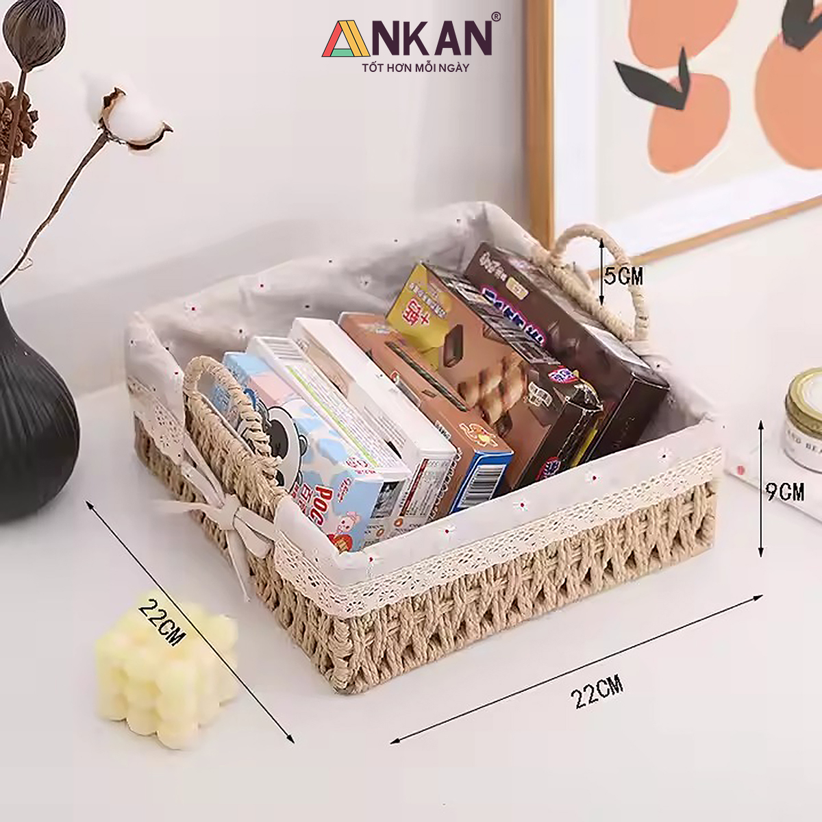 Giỏ Decor Hình Vuông Có Quai Xách – Đan Tay Thủ Công, Lót Vải Hoa Vintage, Trang Trí &amp; Đựng Đồ Đa Năng