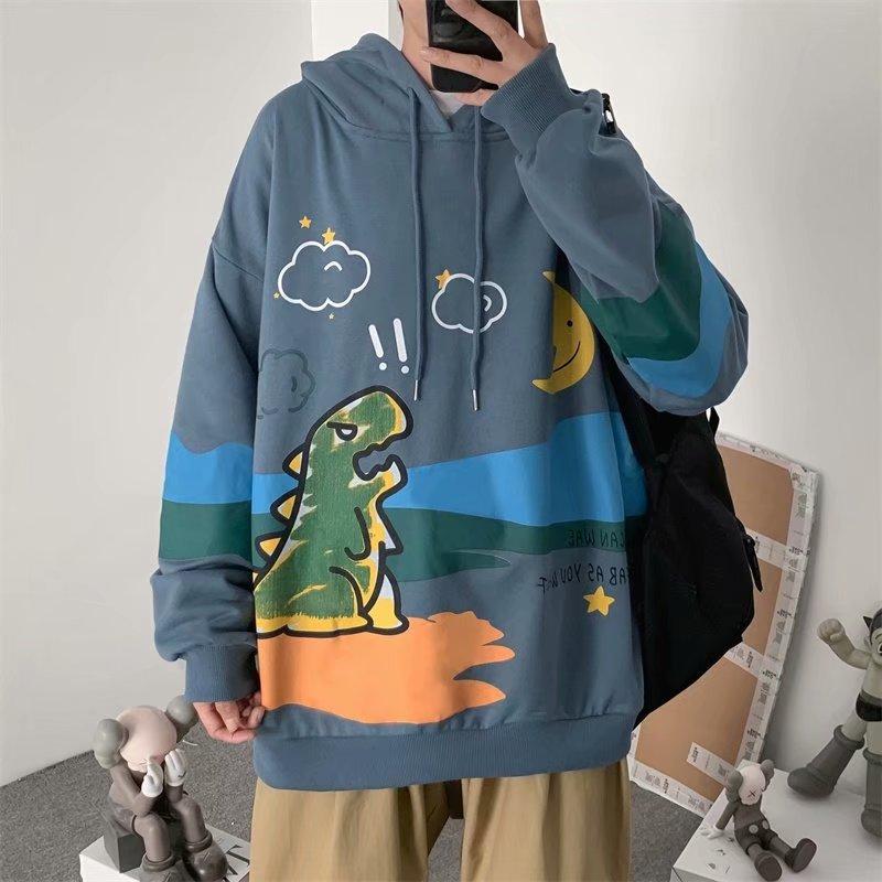 Áo hoodie tay dài dáng rộng in hình khủng long gồm 4 màu sắc