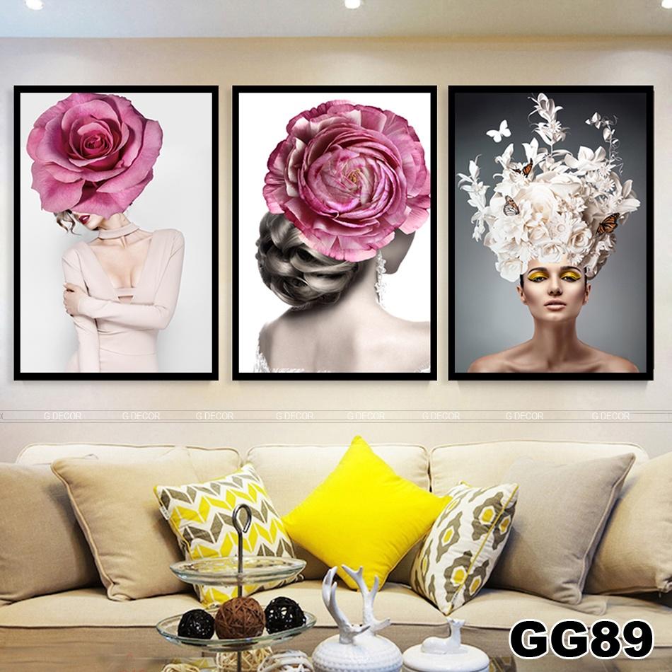 Tranh treo tường canvas 3 bức phong cách hiện đại Bắc Âu 191, tranh hoa lá trang trí phòng khách, quán cà phê, spa