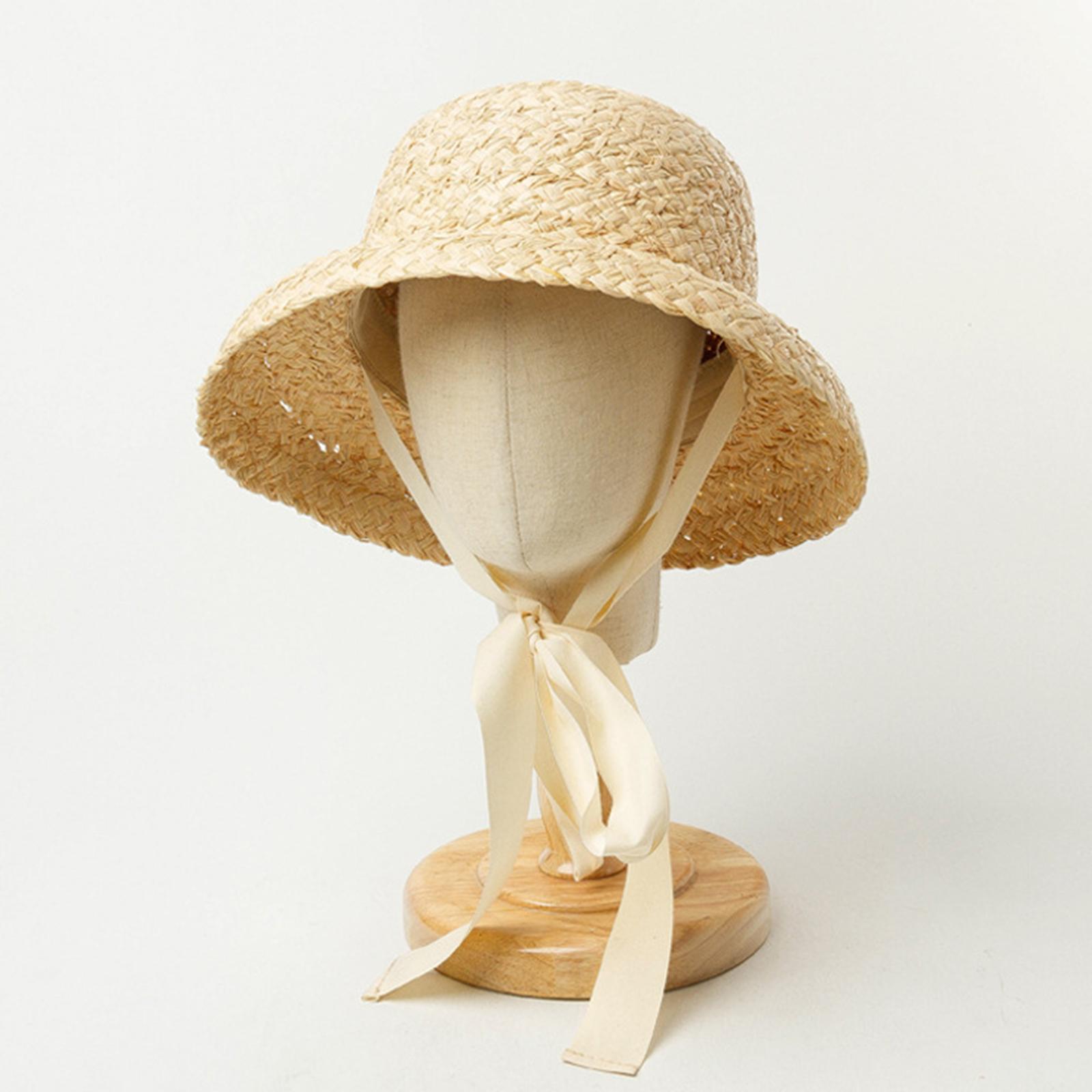 Straw Hat Summer Travel Sun Hat w/ Adjustable Tie White Tie