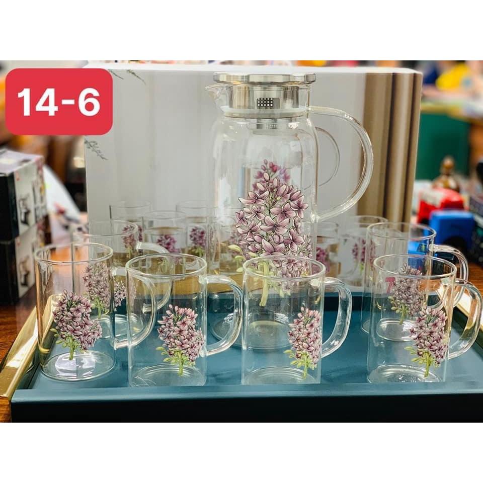 Bộ bình đựng nước uống thủy tinh kèm 6 cốc hoa