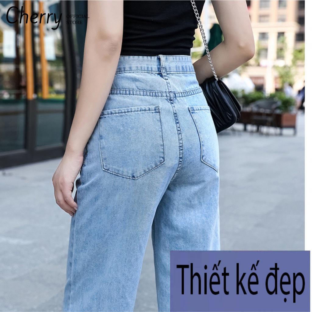 Quần jean nữ ống rộng lưng cao dáng lửng ngắn phong cách Hàn Quốc CHERRY, quần bò nữ ống đứng lửng bigsize cạp cao T038