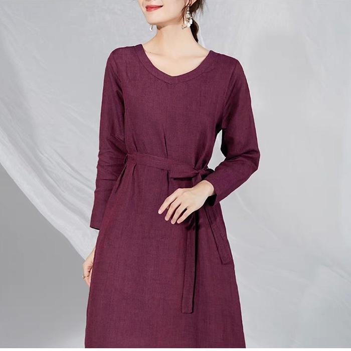 Đầm suông linen cô tim dài tay kèm đai rời trẻ trung, thời trang hè thu 2021 - Đỏ bã trầu