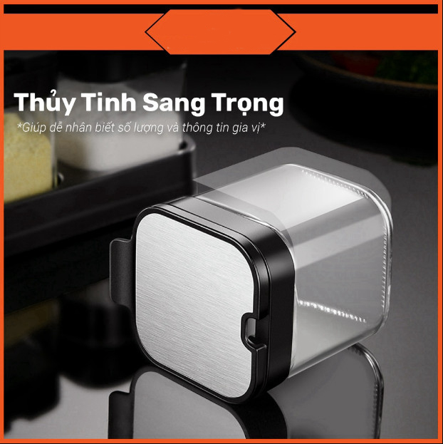 Hũ Gia Vị Thủy Tinh Vuông Dày Dặn Nắp Bật INOX 304, Có Thìa Múc - Phong Cách Nhật Bản Tinh Tế