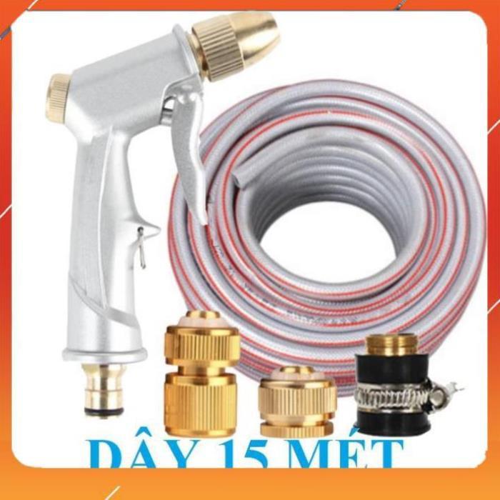 Vòi Xịt️Evoucher Bộ dây vòi xịt nước rửa xe, tưới cây , tăng áp 3 lần, loại 15m 206701 đầu đồng,cút đồng
