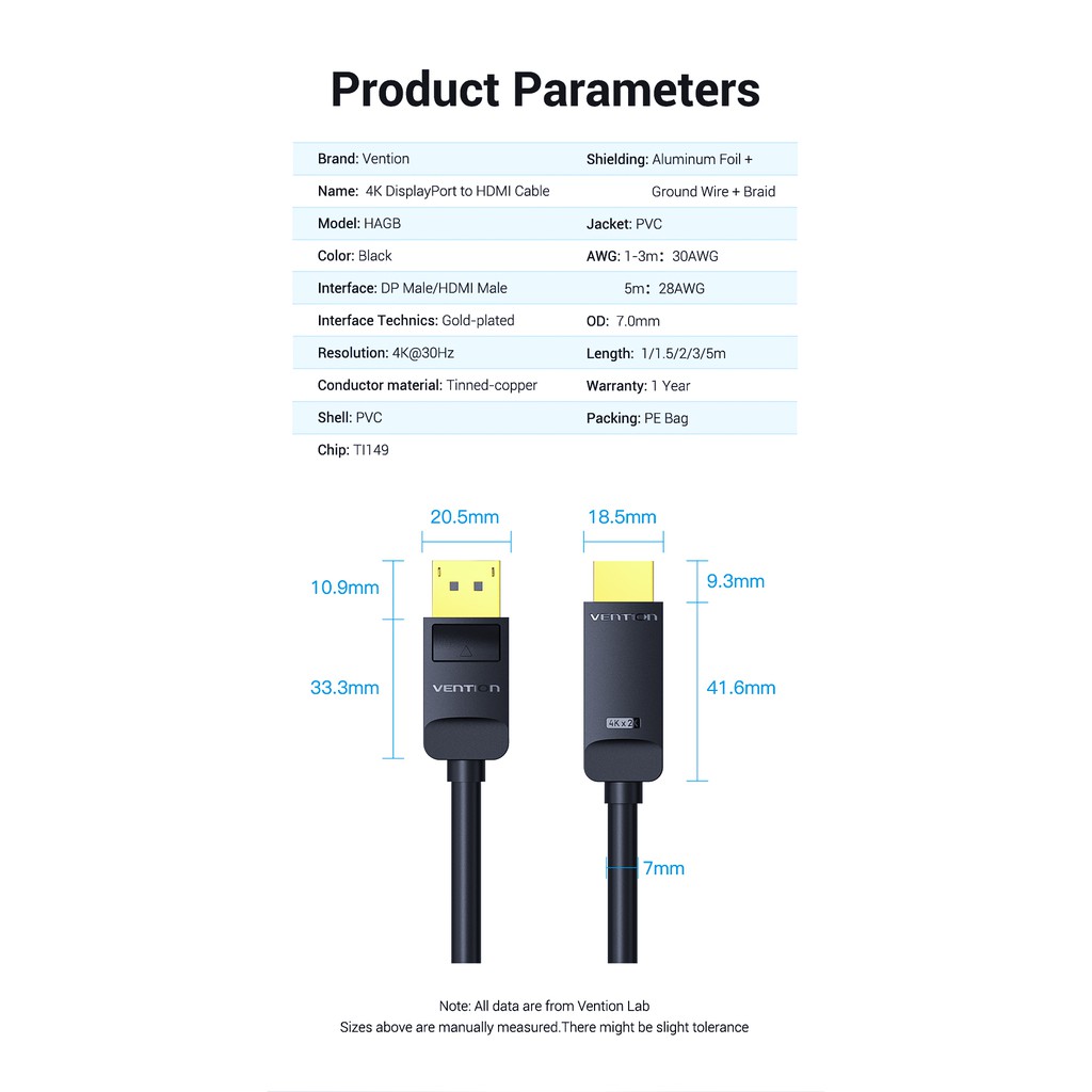 [ DP ra HDMI ] Cáp chuyển DP male ra HDMI male hỗ trợ 4K Vention HAGBF - Hàng chính hãng