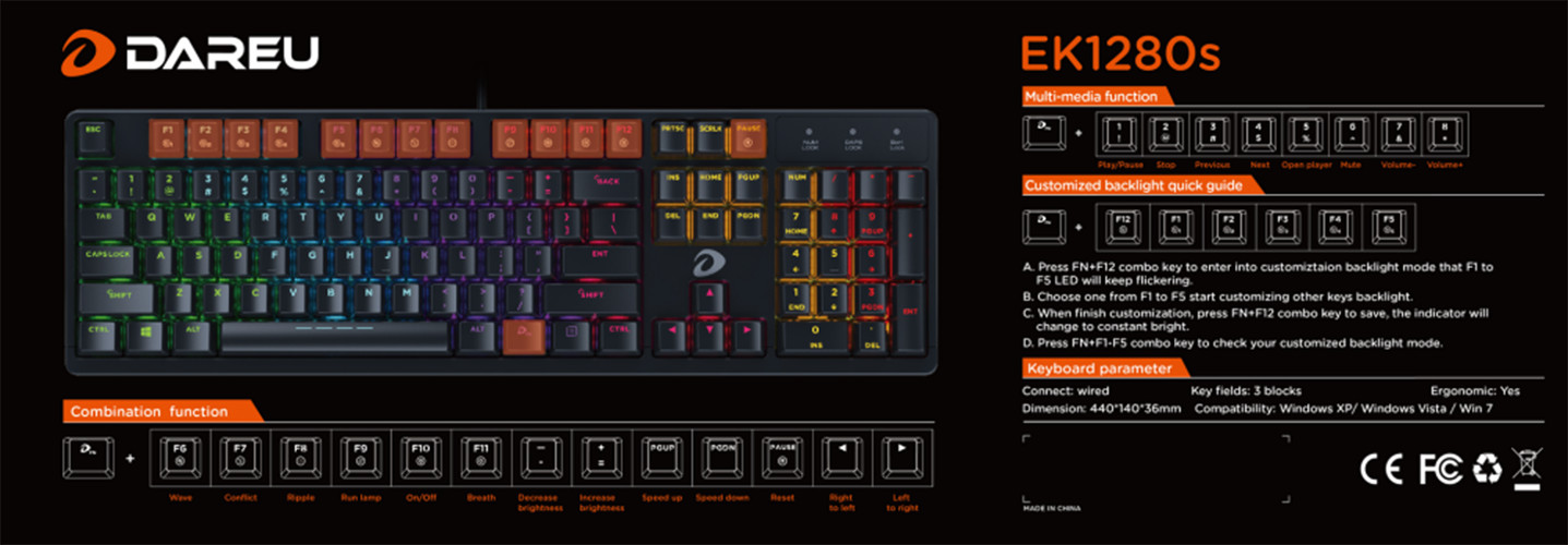 Bàn phím cơ Gaming DAREU EK1280S 104KEY - Hàng Chính Hãng