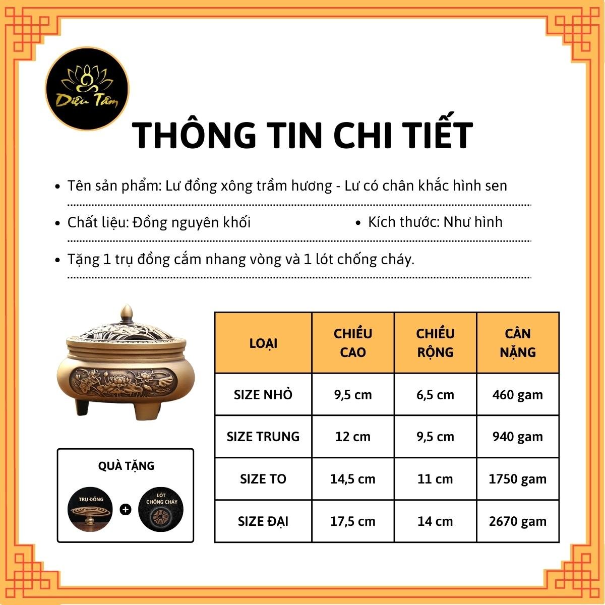 Lư đồng xông trầm - lư đốt trầm thay cho thác khói trầm hương, đồ thờ cúng shop Diệu Tâm mẫu Lư 3 chân khắc sen