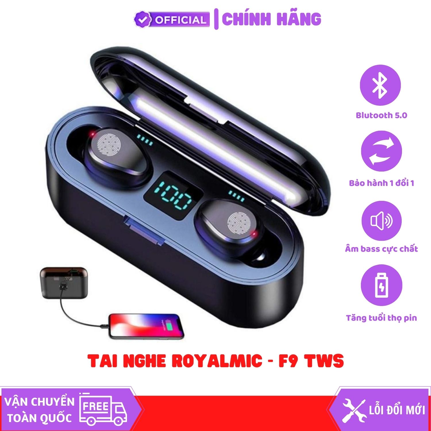 Tai nghe Bluetooth 5.1 ROYALMIC F9 TWS kén sạc 2000 mAh kiêm sạc dự phòng, chống nước, cảm ứng chạm, có mic đàm thoại - Hàng Chính Hãng