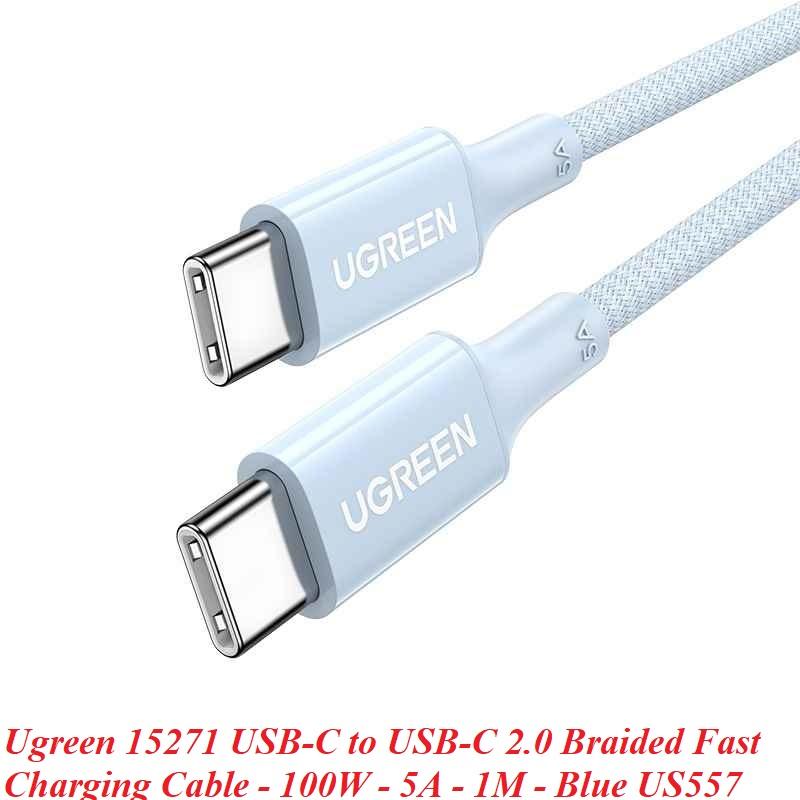 Ugreen UG15271US557TK 1M 100w c-c hỗ trợ QC4.0 5A Cáp sạc nhanh - truyền dữ liệu 2 đầu USB-C dây bọc dù Màu Xanh - HÀNG CHÍNH HÃNG