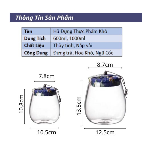 Hũ Thuỷ Tinh, Hộp Thủy Tinh Cao Cấp GAGI Mã GH24 Đựng Trà, Ngũ Cốc Có Nắp Vải, Chống Ẩm, Chống Mối Mọt Mang Phong Cách Cổ Điển