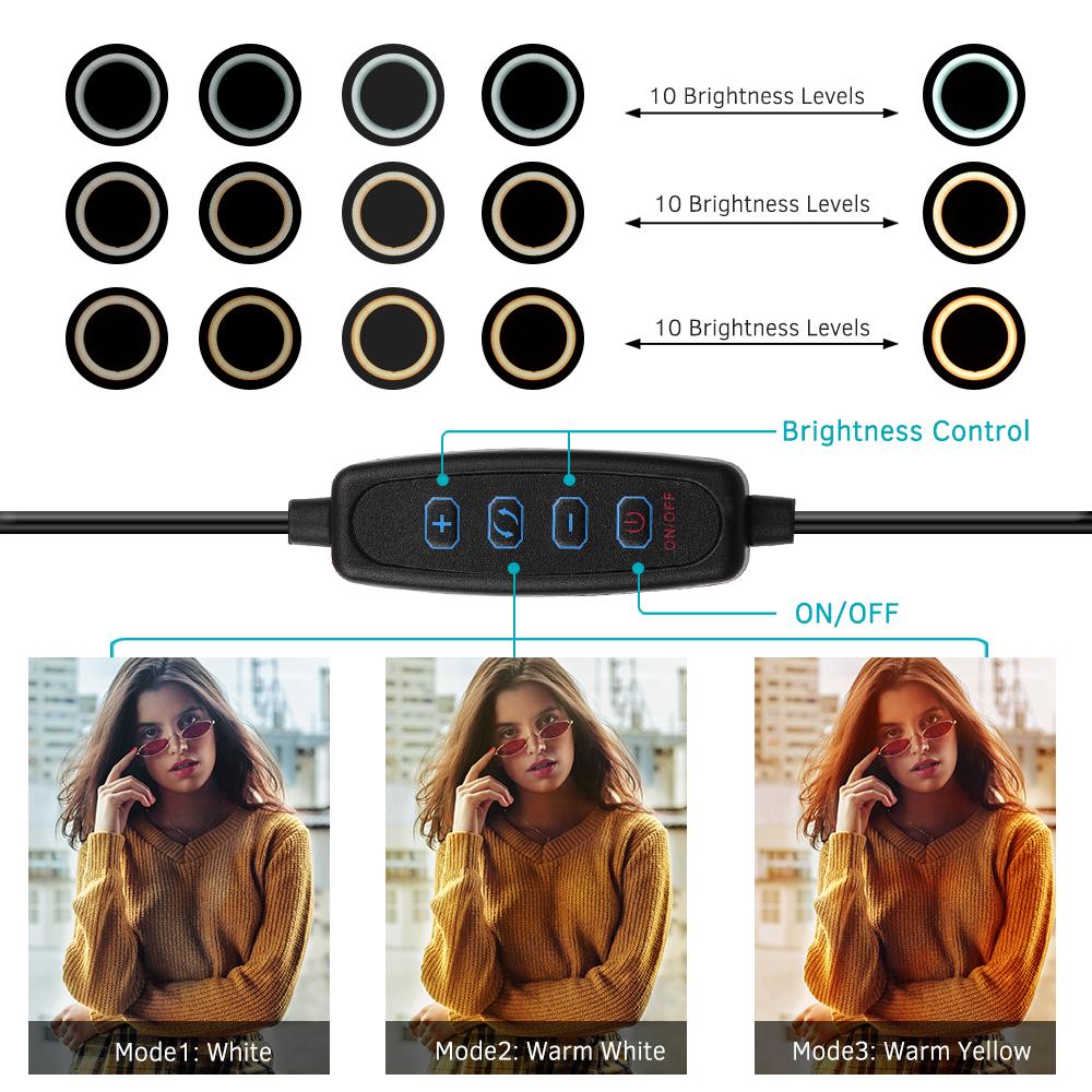 Đèn LED vòng 10 inch với giá đỡ ba chân Giá đỡ điện thoại 3200K-5500K có thể thay đổi độ sáng 3 chế độ ánh sáng & 10