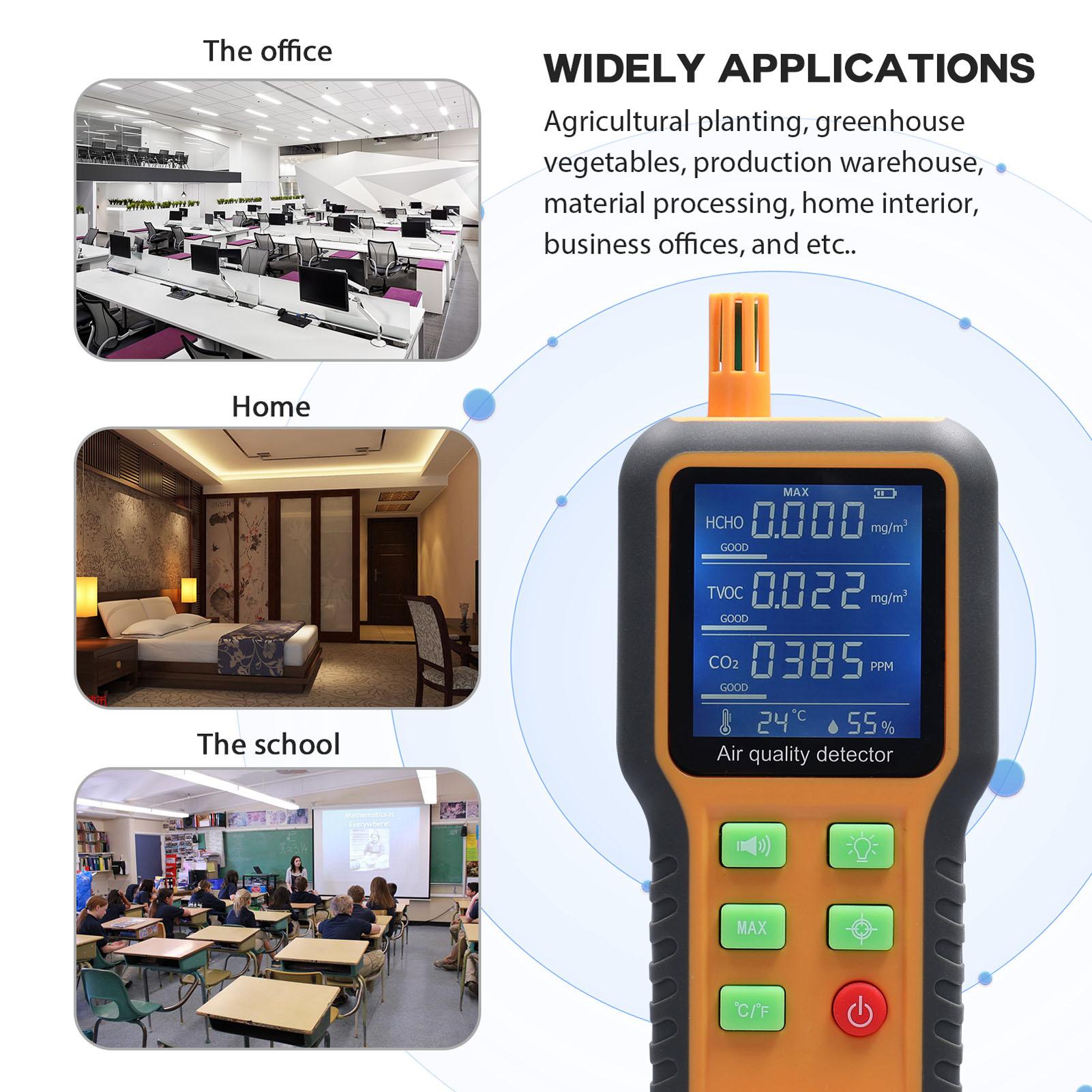 Household Air Quality Detector Multifunctional T/H Sensors CO2 Tester LCD Display with Backlit Carbon Dioxide TVOC HCHO Value Temperature Humidity Detect Self-calibration with Alarm Function