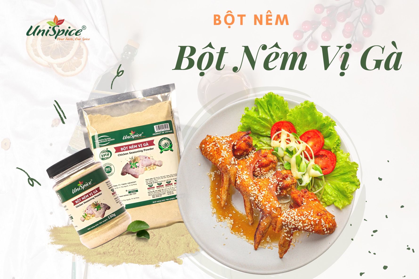 Bột nêm vị gà Unispice lọ 150g- Gia vị hoàn chỉnh/ Gia vị ướp thịt, nấu soup siêu ngon