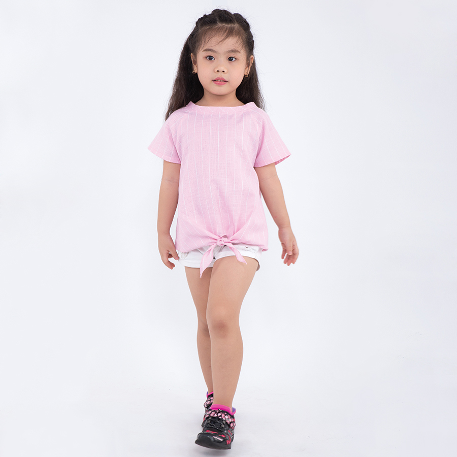 Áo Kiểu Bé Gái Sọc Hòng Cổ Tròn Cột Nơ Lưng UGETHER UKID169 (Size 3-4)