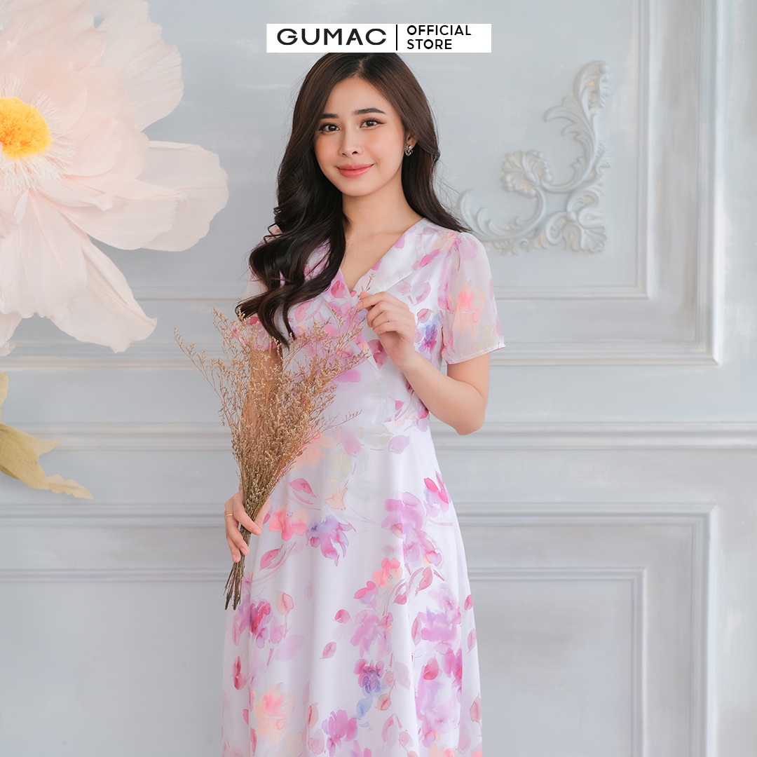 Đầm cổ chữ V GUMAC DC03069 tay ngắn