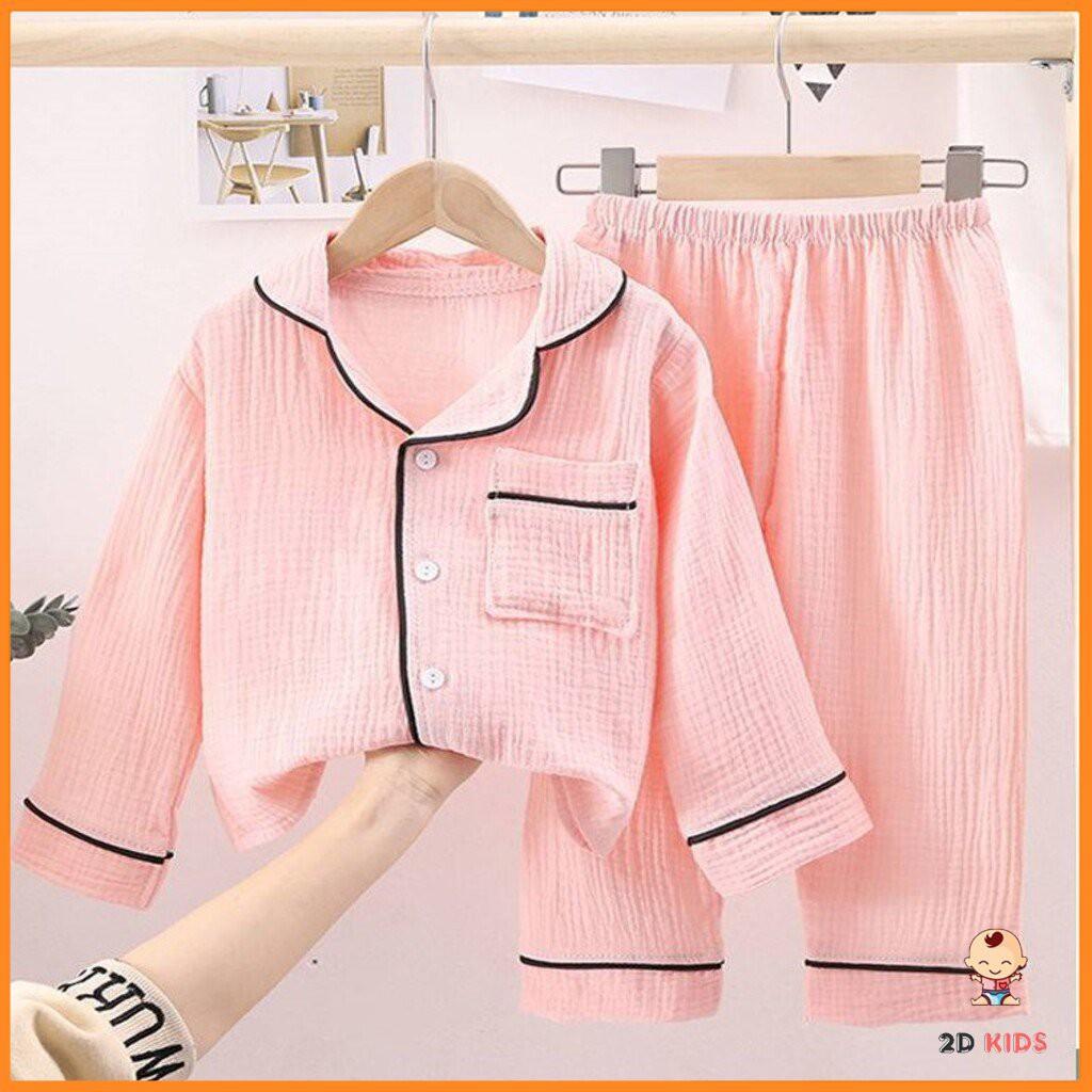 Bộ Pijama Chất Đũi Nhăn Dài Tay Cho Bé, Bộ Đồ Ngủ Nhà Cực Xinh Cho Bé Gái Và Bé Trai Từ 6-28kg - 2D KÍDS