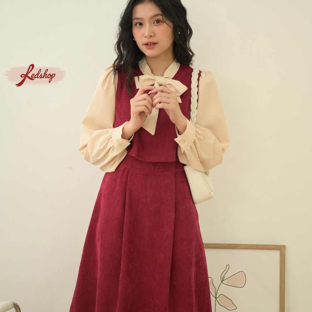 Váy tiểu thư cổ thắt nơ phong cách Hàn Quốc Red Shop 29302