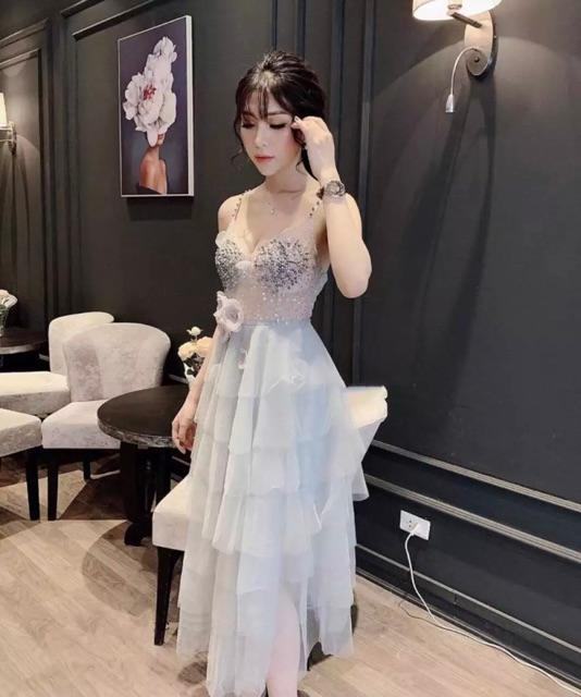 Đầm xoè xếp tầng 2 dây kết cườm hạt và hoa nổi SIÊU XINH -MS88YMM MM