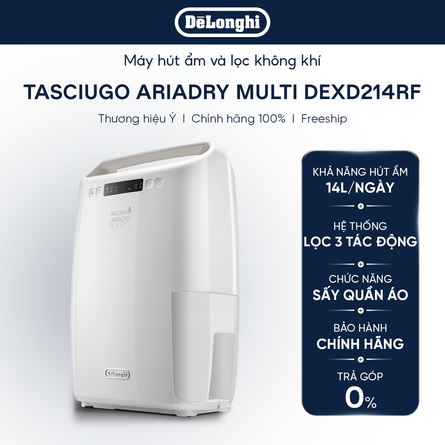 Máy hút ẩm DeLonghi Tasciugo AriaDry Multi DEXD214RF – 14L/ngày – Lọc không khí & hút ẩm phòng giặt – Hàng chính hãng