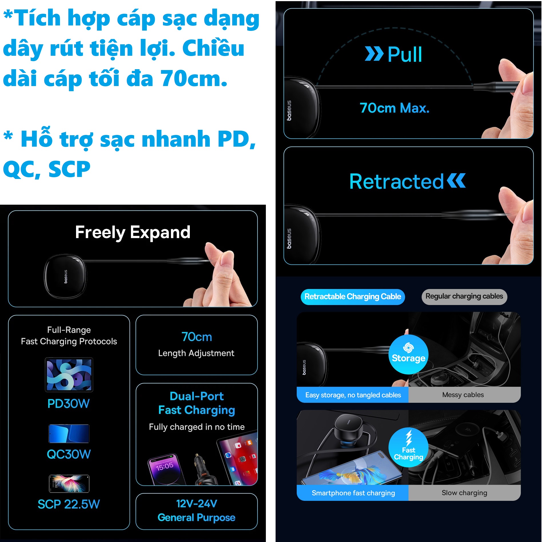 Tẩu sạc ô tô dây rút sạc nhanh 30W 3 cổng 2C+ iP Baseus Enjoyment PRO Retractable Car Charger CCTXP- CCL - hàng chính hãng