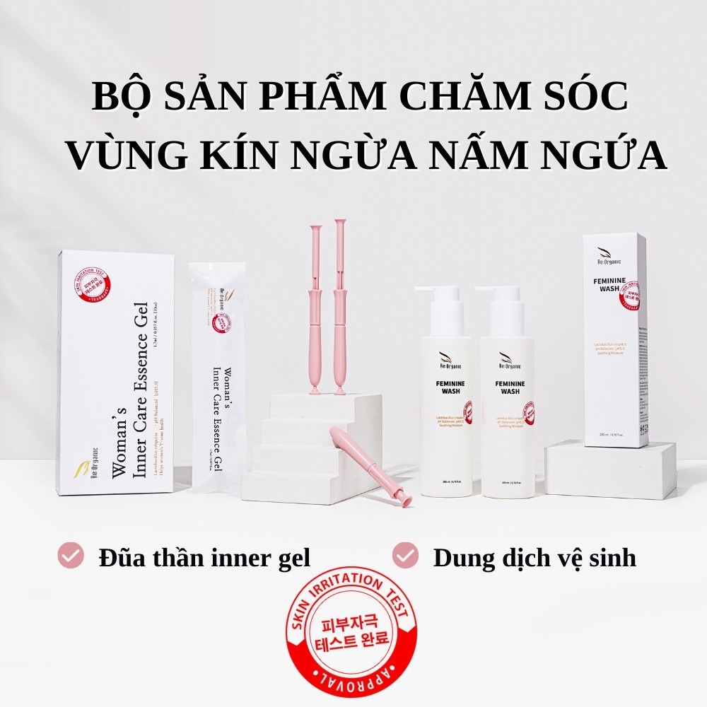 Combo dung dịch vệ sinh chăm sóc phụ khoa Re:Organic Feminine Wash 200ml, Gel đũa thần phụ khoa Woman's Inner Care Essence Gel