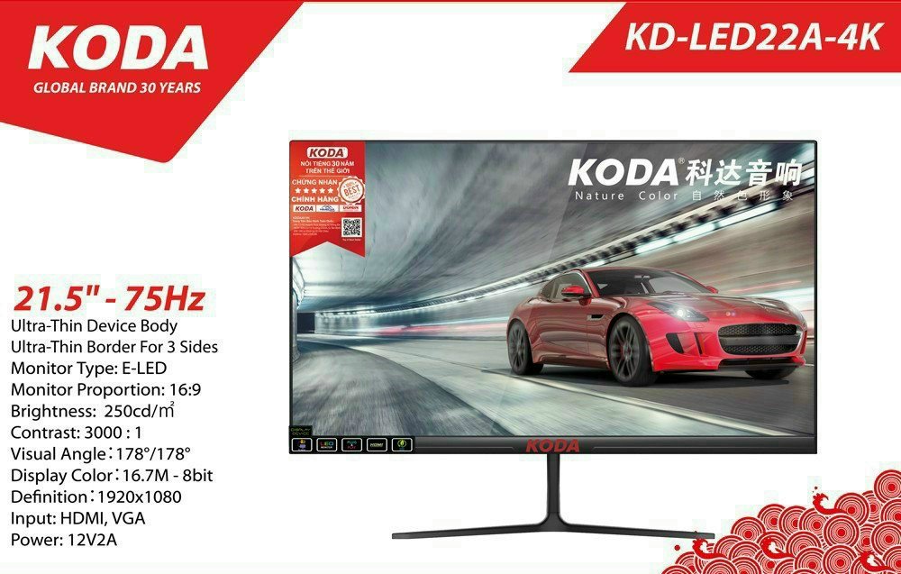 Màn hình máy tính KODA KD-LED22A-4K 21.5Inch LED (1920x1080) 75Hz -- Hàng Chính Hãng