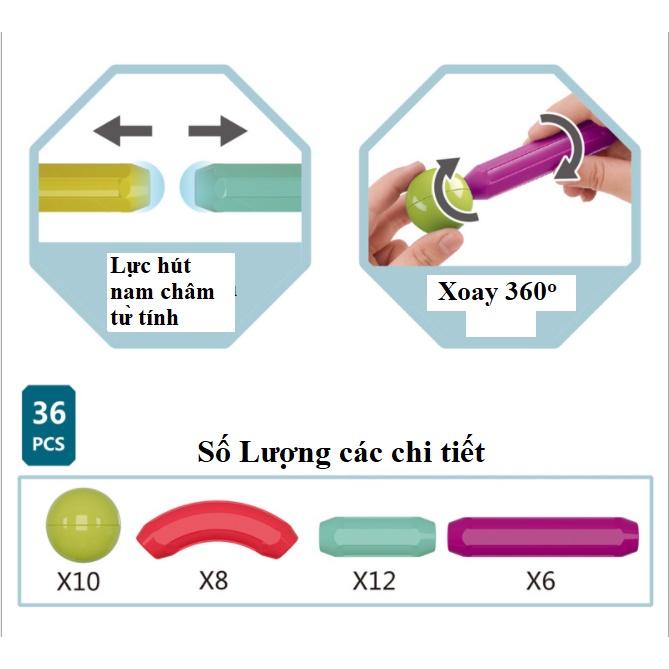Đồ chơi Que từ tính tròn lắp ráp xếp hình khối nam châm MAGNETIC STICKS 64 chi tiết