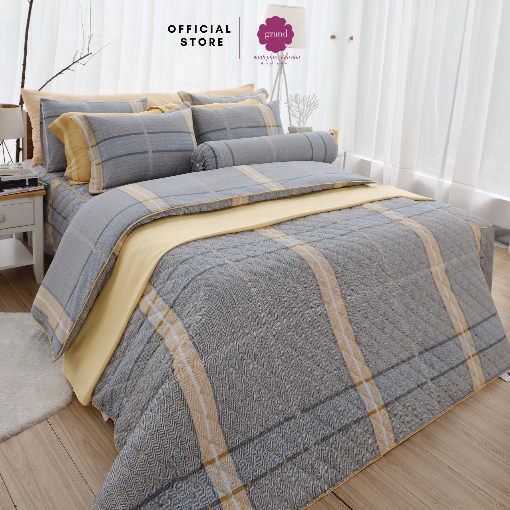 Chăn mền hè thu cotton 100% thiên nhiên GRAND, chần bông Hàn Quốc, 2 màu- họa tiết kẻ phối màu trang nhã, hiện đại.