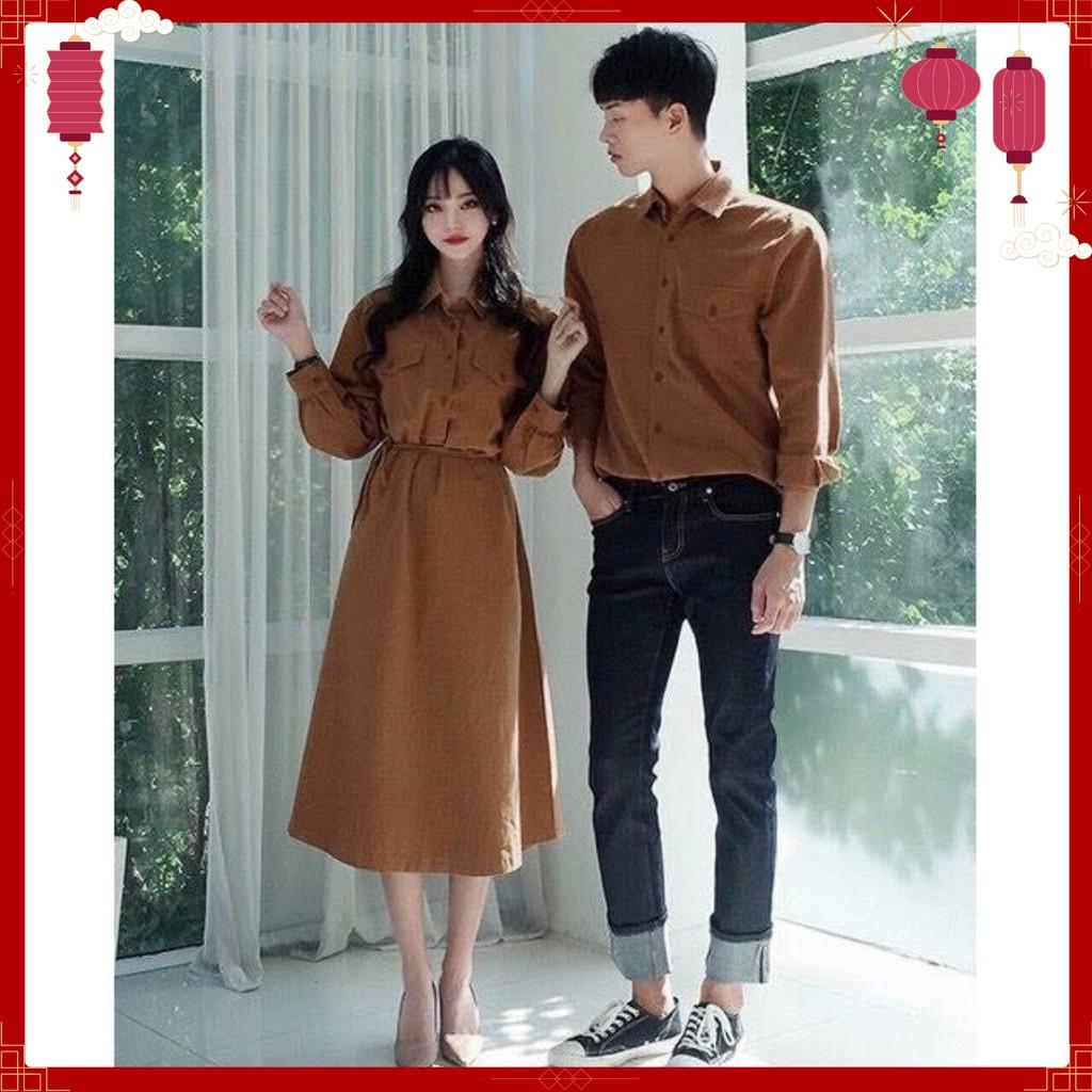 Set Áo Váy đôi FREESHIP sơ mi nam hàn quốc thiết kế cao cấp màu nâu - ÁO ĐÔI SASIN - AV192