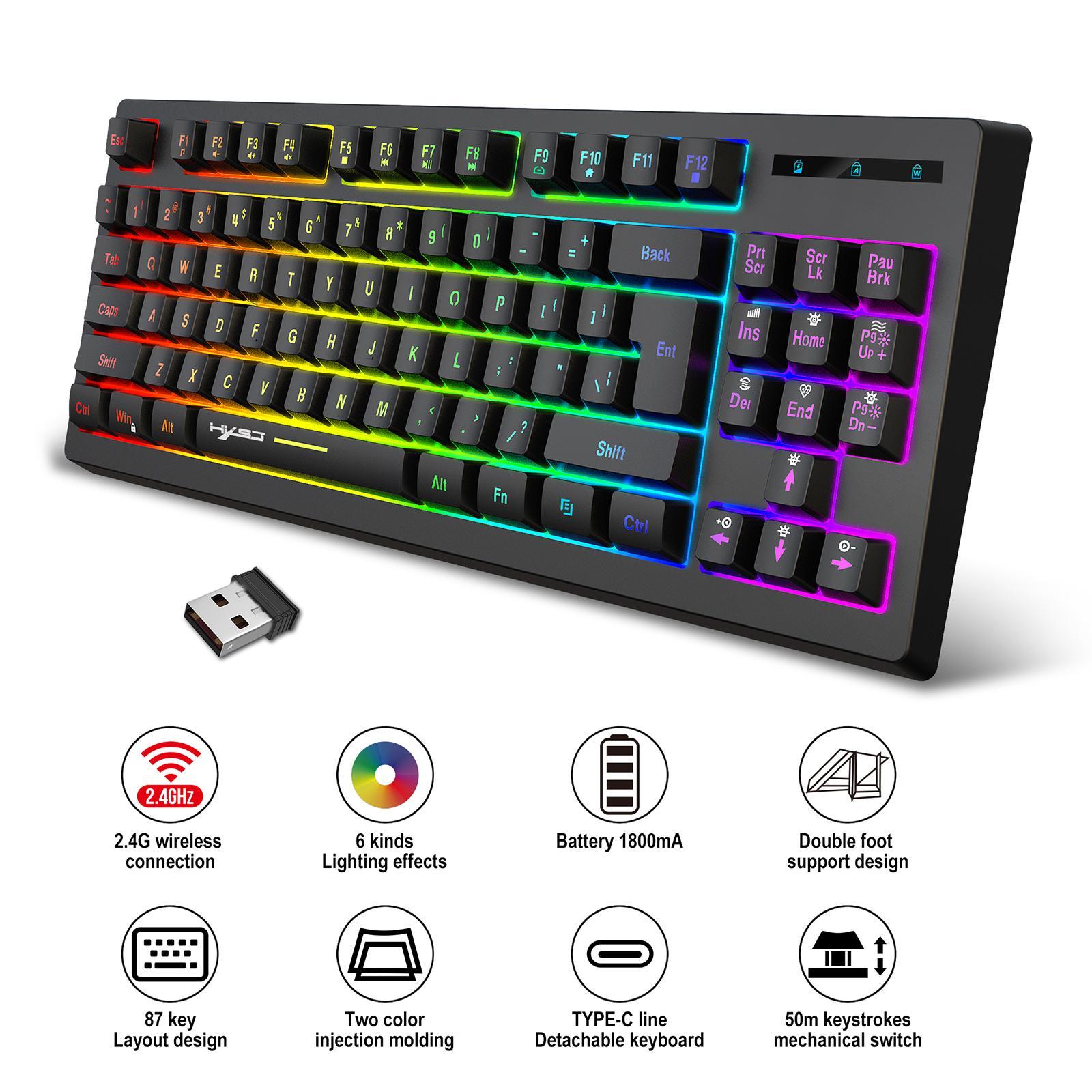 87Keys 2.4G Wireless Mechanical Keyboard, RGB Backlight USB2.0 Receiver Indicator Light L100 Gaming Keyboard, for Office Notebook Home Study