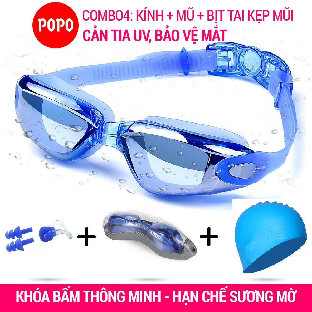 Kiếng bơi người lớn nam nữ POPO kèm mũ bơi trơn, bịt tai kẹp mũi cản tia UV