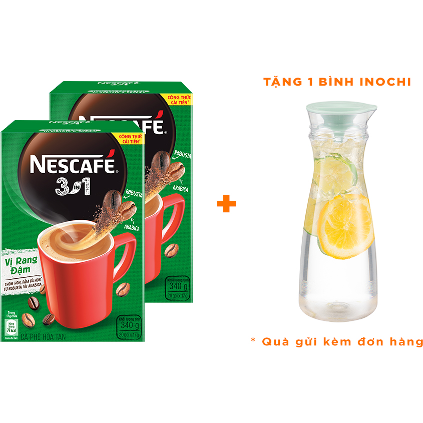 Combo 2 hộp cà phê hòa tan Nescafé 3in1 vị rang đậm - công thức cải tiến (Hộp 20 gói) - [Tặng 1 bình Inochi]