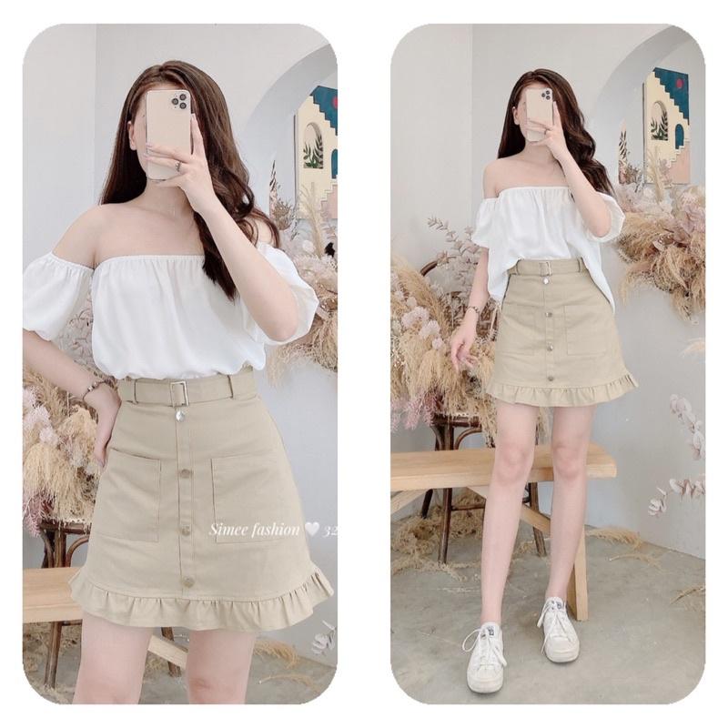 Set Áo trễ vai + chân váy gấu bèo thiết kế Simee