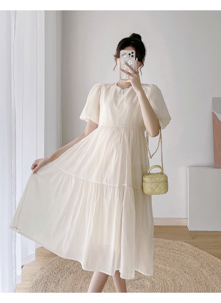 Váy bầu babydoll đẹp đi dự tiệc đi chơi màu hồng kem cốm