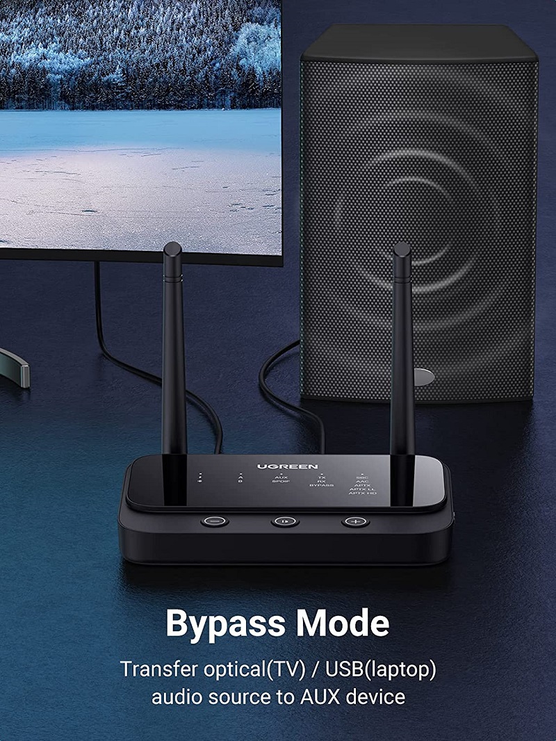 Bộ thu phát Bluetooth 5.0 UGREEN 3 trong 1 với dây cáp truyền tín hiệu âm thanh HD RX/ TX 100M hàng chính hãng