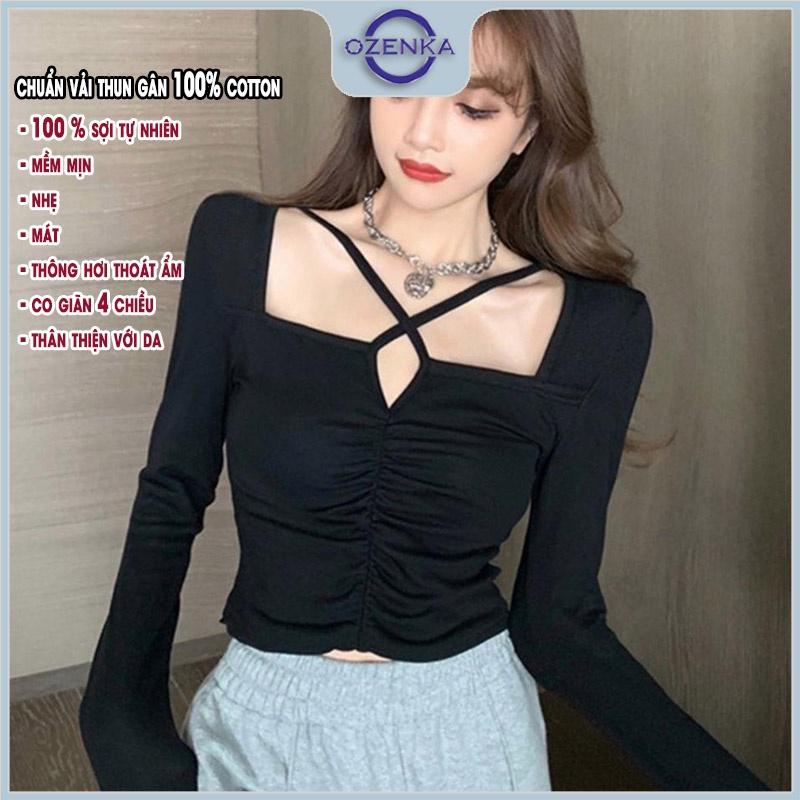 Áo croptop tay dài nữ cổ vuông nhún giữa OZENKA , áo crt kiểu thun cotton mặc thu đông màu đen trắng dưới 55 kg