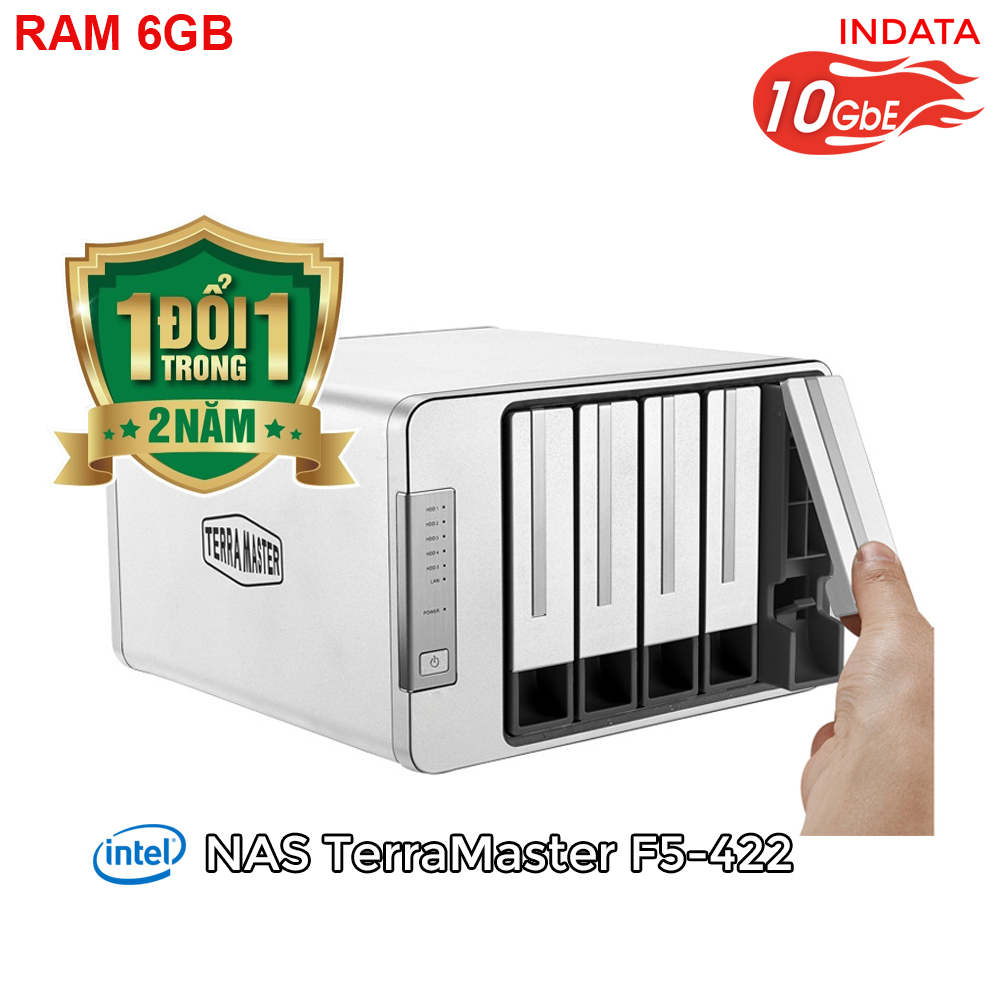 Bộ lưu trữ mạng NAS TerraMaster F5-422, LAN 10Gbps, Intel Quad-Core 1.5GHz, 6GB RAM, 670MB/s, 5 khay ổ cứng RAID 0,1,5,6,10,JBOD,Single - Hàng chính hãng