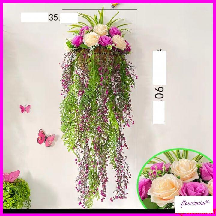 Giỏ hoa giả kèm giò lá rủ treo tường trang trí phòng khách, ban công, cầu thang, quán cafe đẹp Flowermini GH-01