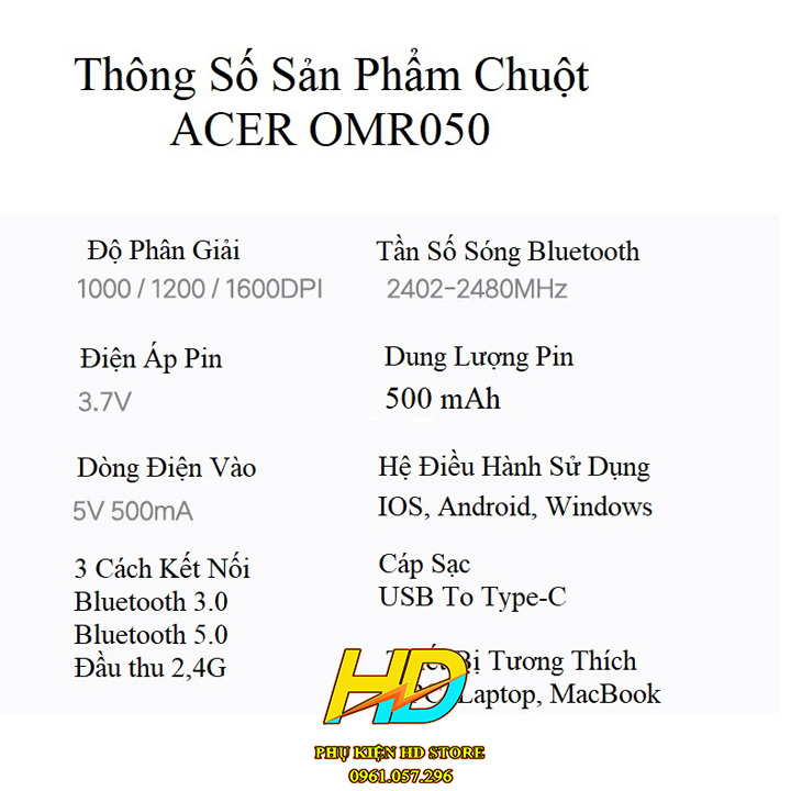 Chuột Không Dây Chính Hãng ACER OMR050 - Bluetooth 5.0 + Wireless 2.4G - Pin sạc Type-C - Chống ồn Dùng Cho Máy Tính Bảng SamSung Tab , iPad, PC, laptop , MacBook, Điện Thoại Smartphone - Hàng Chính Hãng