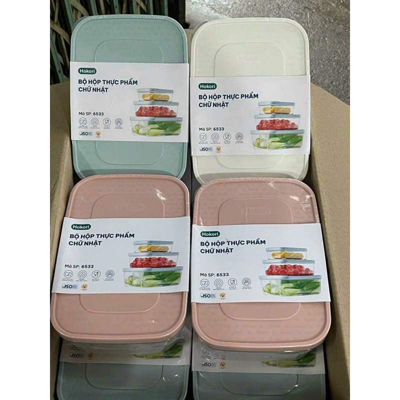 Bộ hộp đựng thực phẩm chữ nhật 750-1500-2500ml Hokori - hàng Chính Hãng