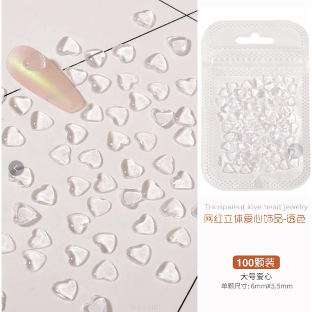 Set 100 Trái Tim Quả ĐàoTrong Suốt Pha Lê Đính Móng