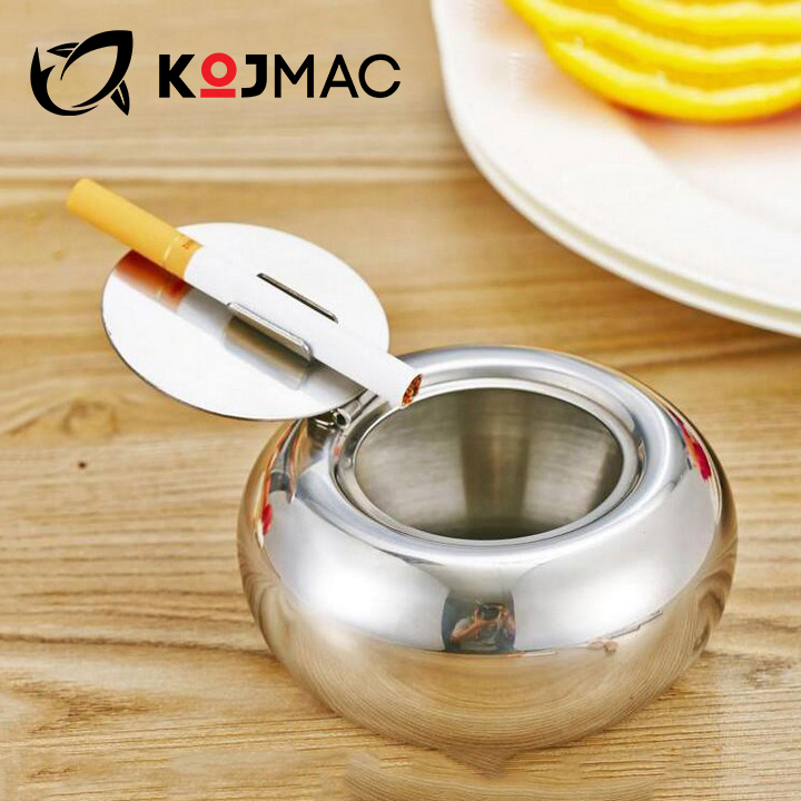 Gạt Tàn Thuốc Có Nắp Bằng Thép Không Gỉ KOJMAC Ashtray NTA045 - Hàng Nhập Khẩu ( Cao Cấp 2 Size Nhỏ mini &amp; Lớn, Kim Loại Mạ Inox Sáng Siêu Bền, Gạc Tàng Lá Khi Hút An Toàn Đậy Kín Mùi Giá Rẻ, Để Bàn Phòng Khách Sang Trọng )