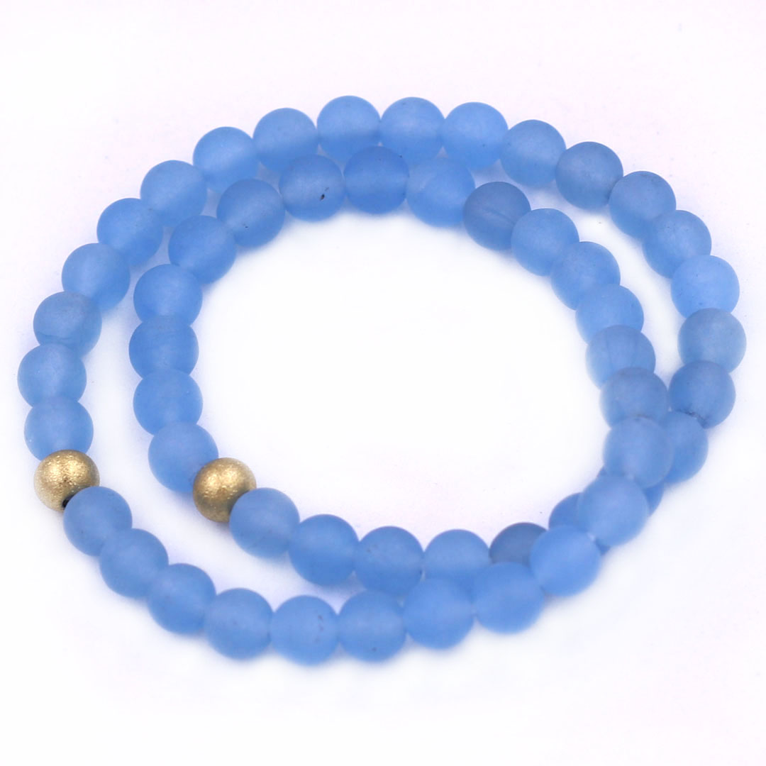 Vòng Chuỗi Đôi 6 Ly Đá Thạch Anh Xanh Biển Mờ Charm Bi Inox VTAXBMHBD