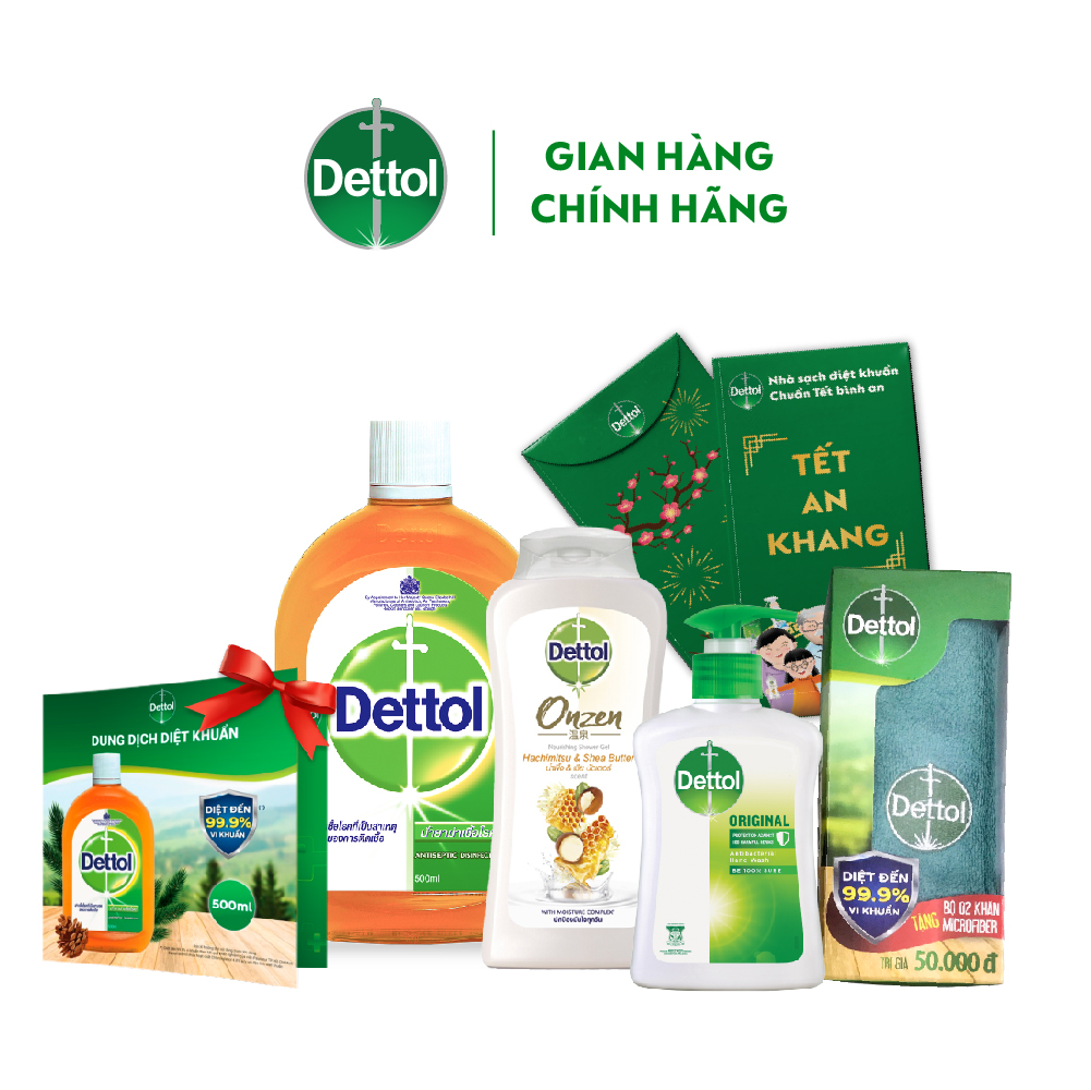 [CRM] Bộ bảo vệ kháng khuẩn toàn diện Dettol (Dung dịch diệt khuẩn 500ML + Sữa tắm dưỡng da 200G + Nước rửa tay 250G + Leaflet + Bộ 10 bao lì xì 2022) tặng kèm khăn lau bếp Dettol