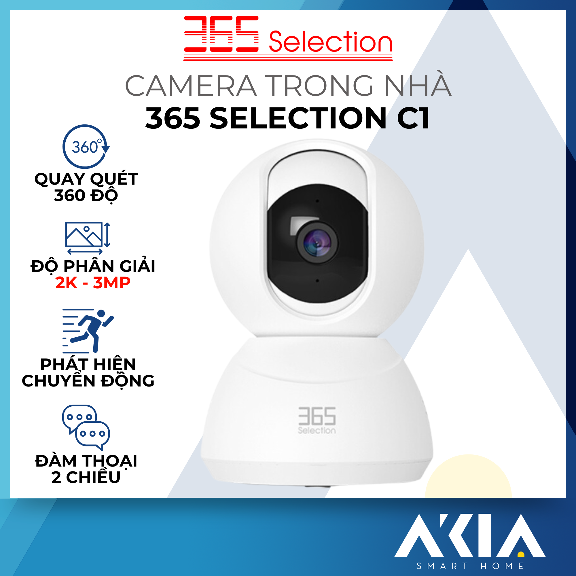 Camera trong nhà Tuya 365 Selection C1 - Quay quét 360, Đàm thoại 2 chiều, Phát hiện chuyển động - Hàng chính hãng